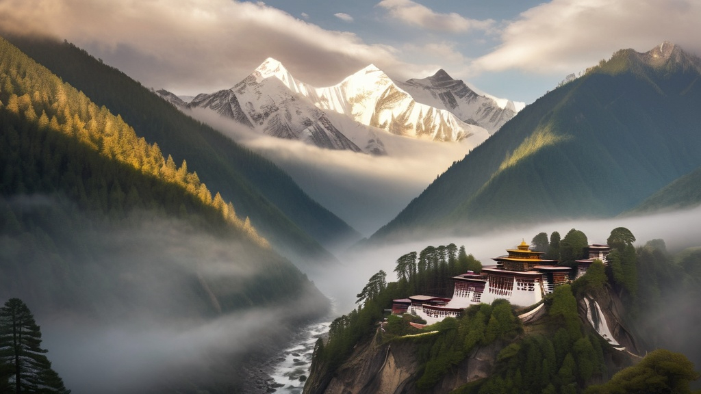 Prompt: Photorealistic Shangri-La (Shambhala) landscape, a serene valley surrounded by towering snow-capped mountains, with lush green meadows, wildflowers, and cascading waterfalls. A Tibetan-style monastery perched on a cliff, encircled by dense pine forests. Soft, golden sunlight mixed with ethereal mist creates a sacred atmosphere. Tibetan prayer flags flutter gently, showcasing harmony between nature and culture. Rich in detail, the scene exudes mystery and tranquility.
