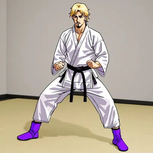 Prompt: A karate teacher, male, purple boots, blond hair.