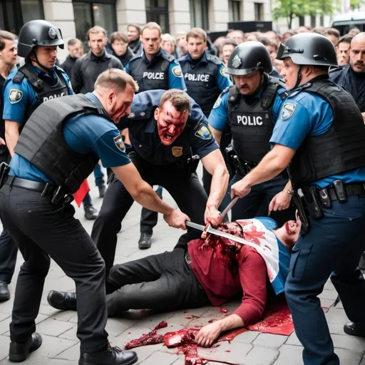 Prompt: A Guy brutally sticking a knife into another Guy that is brutally gore every where and people watch and laguh and a police officer stabbing the guy with a axe and holding a swedish flag