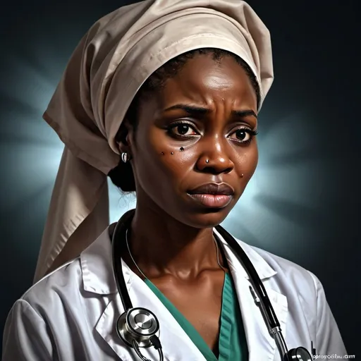 Prompt: Nigerian female doctor in sorrow, digital art, tears streaming down her face, traditional Nigerian attire, stethoscope around her neck, emotive eyes, realistic, emotional, high quality, detailed, professional lighting, traditional clothing, reflective, dramatic