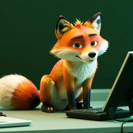 Prompt: one fox working on computer
