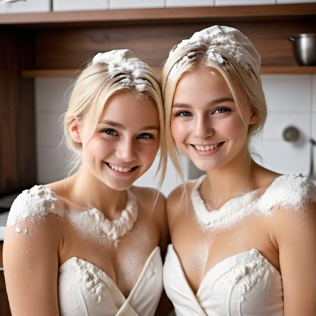 Prompt: 2 Fantasy young blonde girl, unclothed, totally unclothed, covered in flour in the kitchen, flour on their bare bodies, flour covering them, flour coming off them, flour in the air smiling