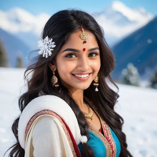 Prompt: Fantasy young indian girl, in the snow, snow capped mountain in the background, she is smiling and beautiful, young, with long hair.