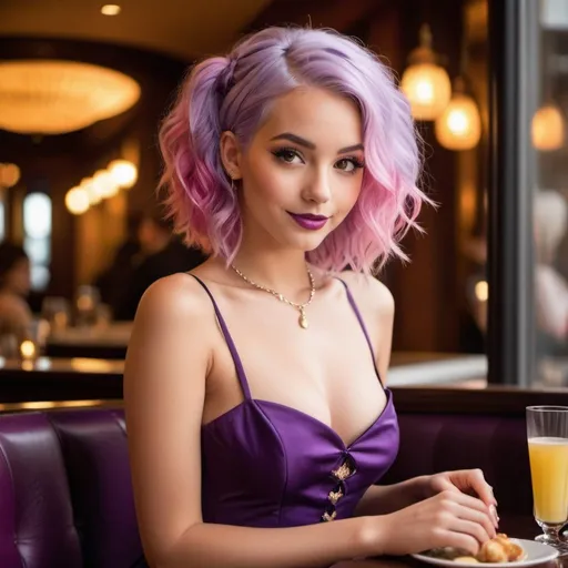 Prompt: young purple and pink haired girl, she has a delicate body, hourglass figure, delicate chest, she was a clown, she is really cute, she is unclothed, totally unclothed, her totally unclothed body is beautiful, sh is on a date at a fancy restaurant 
