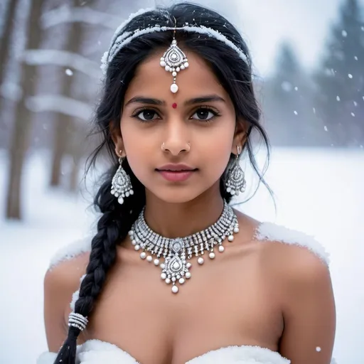 Prompt: Fantasy young indian girl, unclothed,  totally unclothed, shivering in the snow