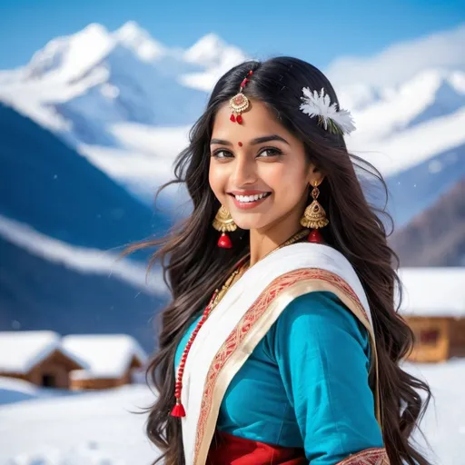 Prompt: Fantasy young indian girl, in the snow, snow capped mountain in the background, she is smiling and beautiful, young, with long hair.