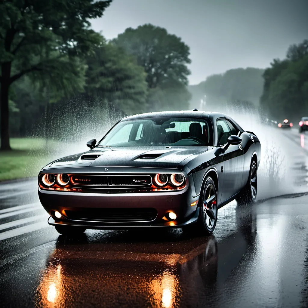 Prompt: Dodge Challenger in rain drizzle in road