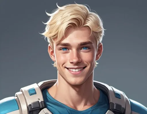 Prompt: draw a character, he has blonde hair and blue eyes, dimples.  great smile, v shape torso, name brent.  sci-fi fan and athletic