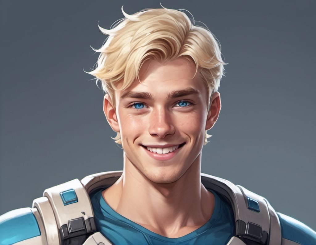 Prompt: draw a character, he has blonde hair and blue eyes, dimples.  great smile, v shape torso, name brent.  sci-fi fan and athletic