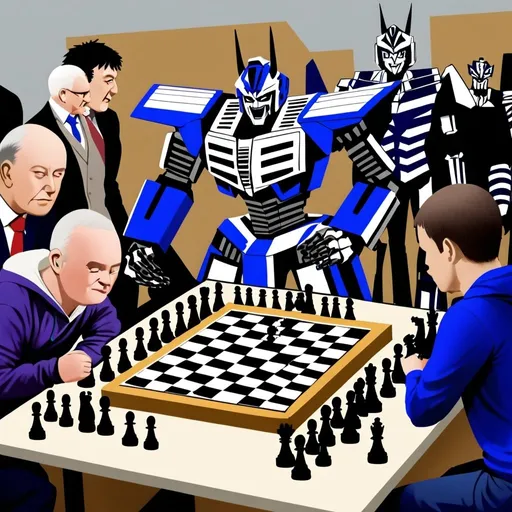Prompt: A Westbrom player versus a transformer with many people in it. They are playing chess...