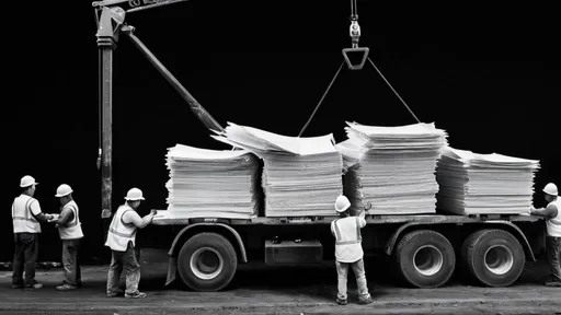 Prompt: Construction crew building a large stack of papers, the picture should have a black background.