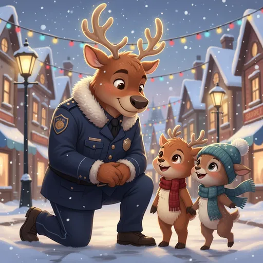 Prompt: A cheerful reindeer police officer in a crisp blue winter uniform, smiling warmly, kneels down to interact with @vwzZXFN2GzySVjcyltmA and @jXYGsoCSVkB1Ofc7x38x. The officer’s antlers catch the soft glow of streetlights as gentle snow falls around them. @vwzZXFN2GzySVjcyltmA and @jXYGsoCSVkB1Ofc7x38x stand close together, looking up at the officer with wide, curious eyes. The scene unfolds on a snowy village  at dusk, festive lights twinkling in the background. The camera captures the moment from a low angle, emphasizing the caring gesture and the joyful expressions. Soft, ambient lighting highlights the falling snowflakes and the warmth of the interaction, creating a cozy, welcoming winter atmosphere.