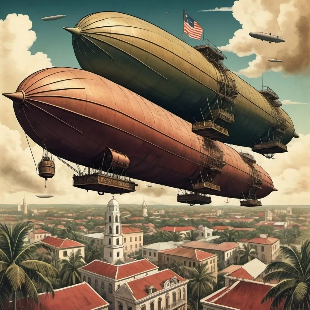 Prompt: Retro-style illustration of zeppelin army over colonial zone, santo domingo, Dominican Republic, vintage color palette, detailed zeppelins with intricate machinery, nostalgic atmosphere, colonial architecture, dramatic sky, high quality, retro, detailed zeppelins, vintage colors, atmospheric lighting, dramatic atmosphere