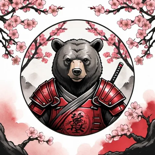 Prompt: Design a circle logo with a bear wearing an samurai armor,  a cherry blossom tree back ground themed red and black in ink wash