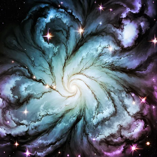 Prompt: An awe-inspiring photograph of a vibrant galaxy, showcasing swirling nebulae in hues of deep purple, pink, and blue. Stars shimmer across the vast expanse of space, forming intricate constellations within the cosmic canvas. The glowing center of the galaxy radiates light, gradually fading into the surrounding dark emptiness of space. The image captures the delicate balance between the brilliant bursts of color and the serene vastness of the universe, evoking a sense of wonder and infinite possibility.