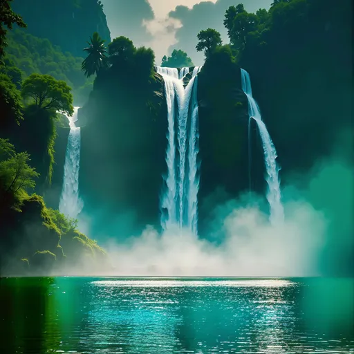 Prompt: Majestic waterfalls cascading from towering cliffs into a tranquil turquoise pool, surrounded by lush greenery and misty air. The sunlight filters softly through the trees, creating an ethereal glow that enhances the serene and magical atmosphere of this secluded paradise.