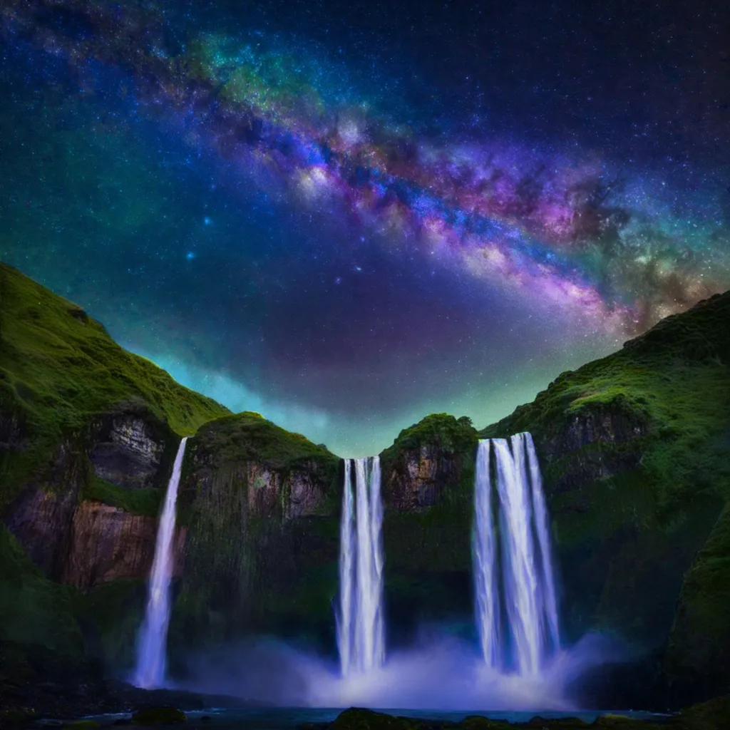 Prompt: Capture a serene and enchanting scene of a waterfall cascading down rugged rocks, illuminated by the soft glow of the moonlight. The water flows gently, reflecting the shimmering stars above. A breathtaking night sky stretches across the horizon, filled with twinkling stars and a few wispy clouds, creating a tranquil and mystical atmosphere. The surrounding landscape is peaceful, with dark silhouettes of trees or mountains framing the waterfall. The composition should evoke a sense of calm, wonder, and connection to nature under the vast, starry sky