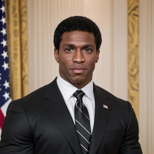 Prompt: a buff black man with hazel eyes black hair rich outfit earnings presidential look