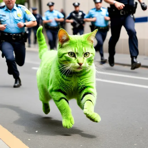 Prompt: Green cat running from the police