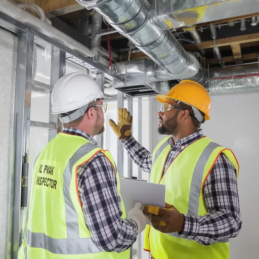 Prompt: An inspector holding a clipboard in full PPE examining HVAC rough-in work would typically be wearing a hard hat, safety glasses, high-visibility vest, work gloves. They'd be checking overhead ductwork.  It will also be metal framed construction.