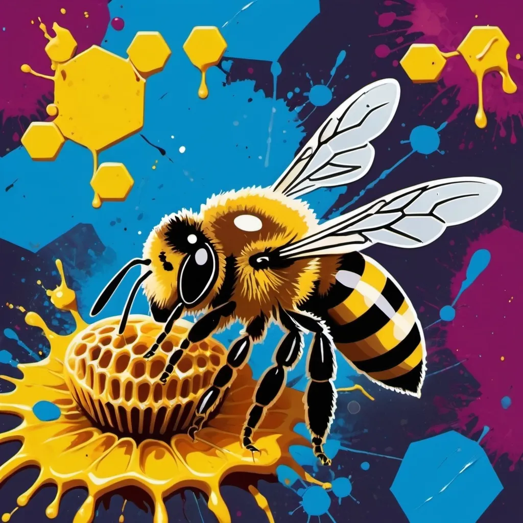 Prompt: Painting in pop art style with an apocalyptic feel. With a bee. Paint splatters and drops. With a honeycomb in the background somewhere with the bee standing on it

