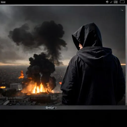 Prompt: show a hacker in progress of making an app. hake him a hooded dark figure and we can only see his back. hake us slightly see what he is building. show the app about ecofriendly. make the scene dark with smoke and pollution all over. show a world tearing apart and buildings falling apart in front of him. Make it realistic and defines with shadows.