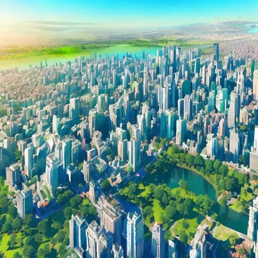 Prompt: show a birds eye view of a city green and flourishing with a blue sky. Make it look realistic and bright with slight specles of sunlight around the land
