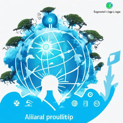 Prompt: Create a captivating group logo that symbolizes the intersection of environmental issues, particularly climate change and air pollution, with the empowering force of artificial intelligence (AI) as the solution. Make sure to show AI as an app helping the city. Make the wording in English. The logo should convey a sense of hope, innovation, and collective action towards a sustainable future. Make it more ambient and realistic with shadows and configurations to inspire people. Try to AI as an app required in a society. Make AI be the center and star and savior. Give it a glorious look.