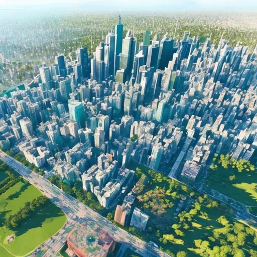 Prompt: show a birds eye view of a city green and flourishing with a blue sky. Make it look realistic and bright with slight specles of sunlight around the land
