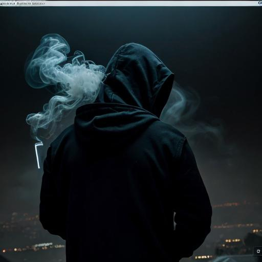 Prompt: show a hacker in progress of making an app. hake him a hooded dark figure and we can only see his back. hake us slightly see what he is building. show the app about ecofriendly. make the scene dark with smoke all over. show a world tearing apart in front of him. Make it realistic and defines with shadows.