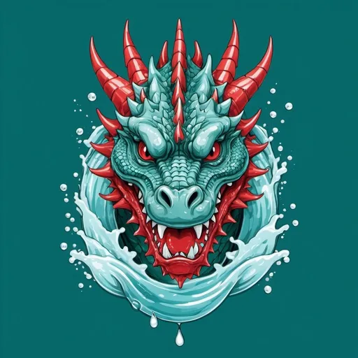 Prompt: Illustrated T-shirt design of dragon head  with water, vector, solid white background, teal and red