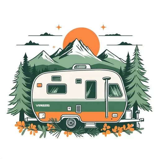 Prompt: Illustrated T-shirt design of flat vintage RV with junipers, evergreen trees and mountains, vector, solid white background, green and orange color palette