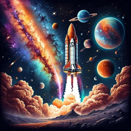 Prompt: Rocket flying into Milky Way, vibrant and cosmic, T-shirt design, detailed stars and planets, high-quality illustration, cosmic theme, vibrant colors, detailed rocket, space exploration, Milky Way, nebulae, T-shirt art, cosmic design, vibrant illustration, universe, highres, ultra-detailed, cosmic atmosphere, professional, colorful lighting