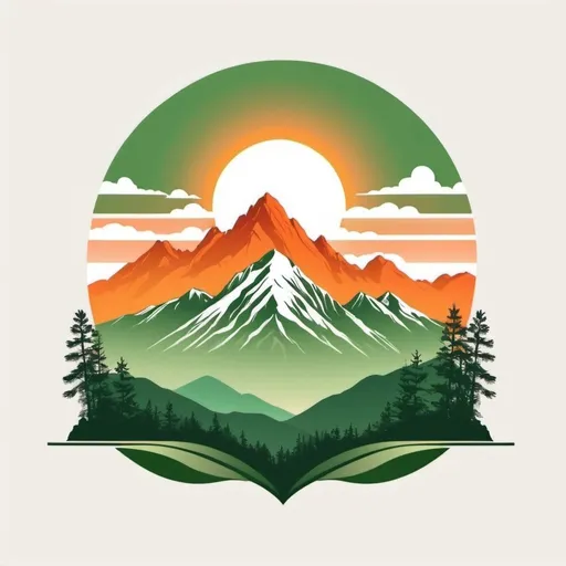 Prompt: Illustrated T-shirt design of mountain range with sunset in summertime, vector, solid white background, green and orange color palette