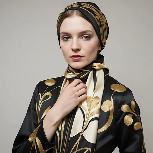 Prompt: a woman wearing a head scarf with a a black and gold jacket, Annabel Kidston, art nouveau, art nouveau fashion embroidered, a silk screen