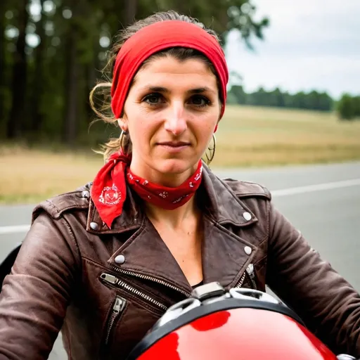 Prompt: a woman wearing a brown leather jacket and a red bandana on a motorcycle