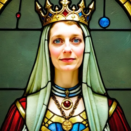 Prompt: a medieval queen with a crown on her head and a gold medallion on her neck and shoulders, stained glass