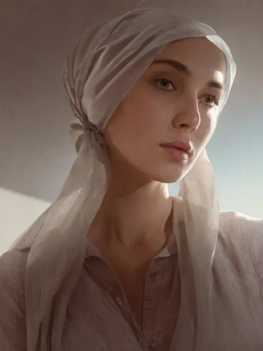 Prompt: a woman with a chiffon scarf on her head is looking at the camera , a character portrait