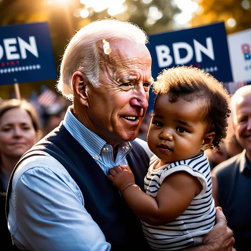 Prompt: (Biden holding toddler), warm, compassionate expression, political rally setting, diverse crowd in the background, vibrant campaign banners, soft sunlight illuminating their faces, captured in cozy ambiance, high-resolution photography, (emotional connection), moment of tenderness, supportive atmosphere, engaging and captivating scene.