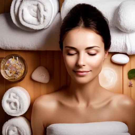Prompt: Picture of a relaxing spa  with face of a beautiful woman. 
