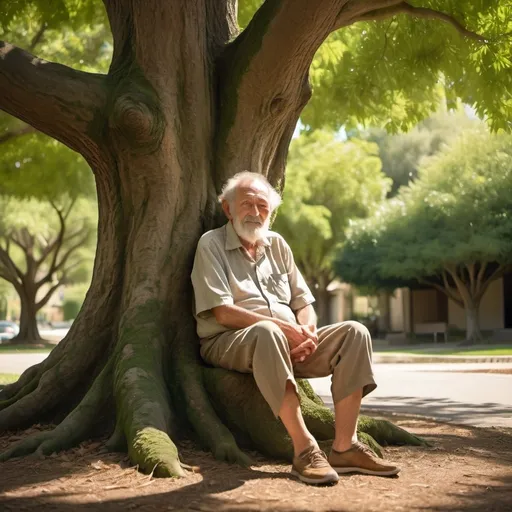 Prompt: (Elderly hairy man) sitting peacefully beneath a large, sprawling tree, lush green leaves framing his figure, warm sunlight filtering through, creating a dappled effect on the ground, serene and calm ambiance, rich earth tones, gentle expressions of wisdom, ultra-detailed, invoking a sense of tranquility and connection with nature.