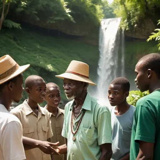 Prompt: (An elderly Nigerian man with traditional hat) standing by a stunning waterfall, engaging in a conversation with a group of (youths, male and female), vibrant green foliage surrounding them, sparkling water cascading in the background, a warm afternoon light illuminating the scene, expressions of wisdom and curiosity on their faces, capturing a sense of community and cultural exchange, ultra-detailed HD quality.