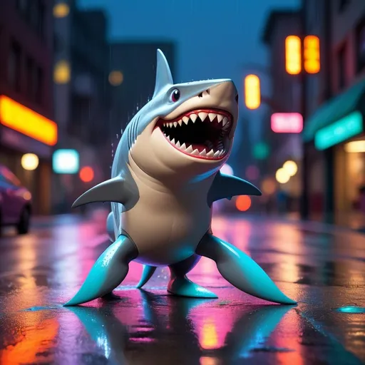 Prompt: Two-legged shark wearing Nike shoes, standing and dancing