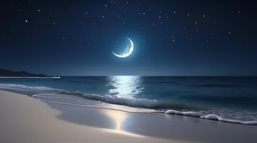 Prompt: night, stars, calm, crescent , no character, sea, sand