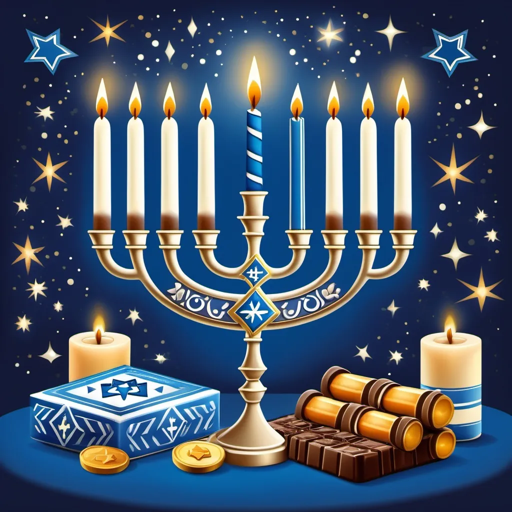 Prompt: A festive Hanukkah illustration featuring a lit hanukkiah (menorah) with glowing candles, dreidels, chocolate coins (gelt), and traditional blue and white decorations, all set against a warm, elegant background with subtle Stars of David."