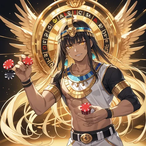 Prompt: El dios egipcio Ra con cabeza de halcón y disco solar, vestido con un atuendo deportivo sosteniendo una ruleta de casino en una mano y un dado gigante en la mano derecha.  Estilo vibrante y moderno, con colores dorados y detalles de lujo."