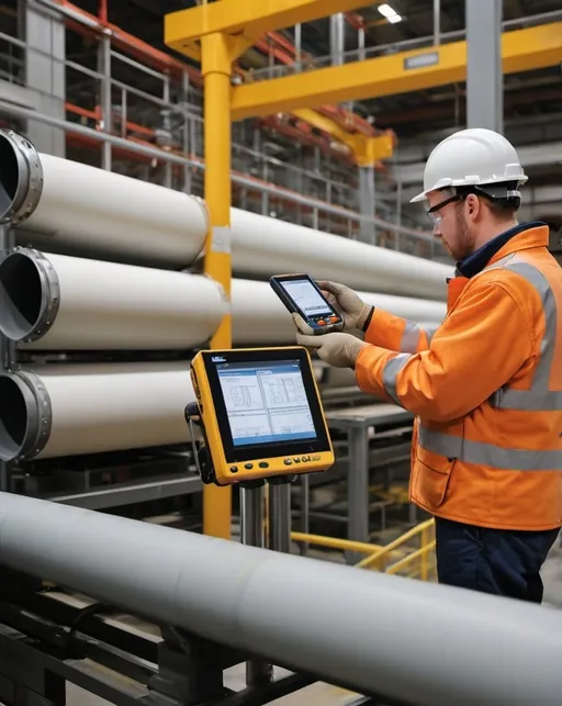 Prompt: Foreground: A worker using a handheld device to monitor machinery, with the device displaying data related to heat and moisture detection
Middle Ground: An automated conveyor belt system transporting materials efficiently.
Background: Part of a modern manufacturing plant with visible 3M VentureClad Insulation Jacketing Systems installed on pipes or equipment.