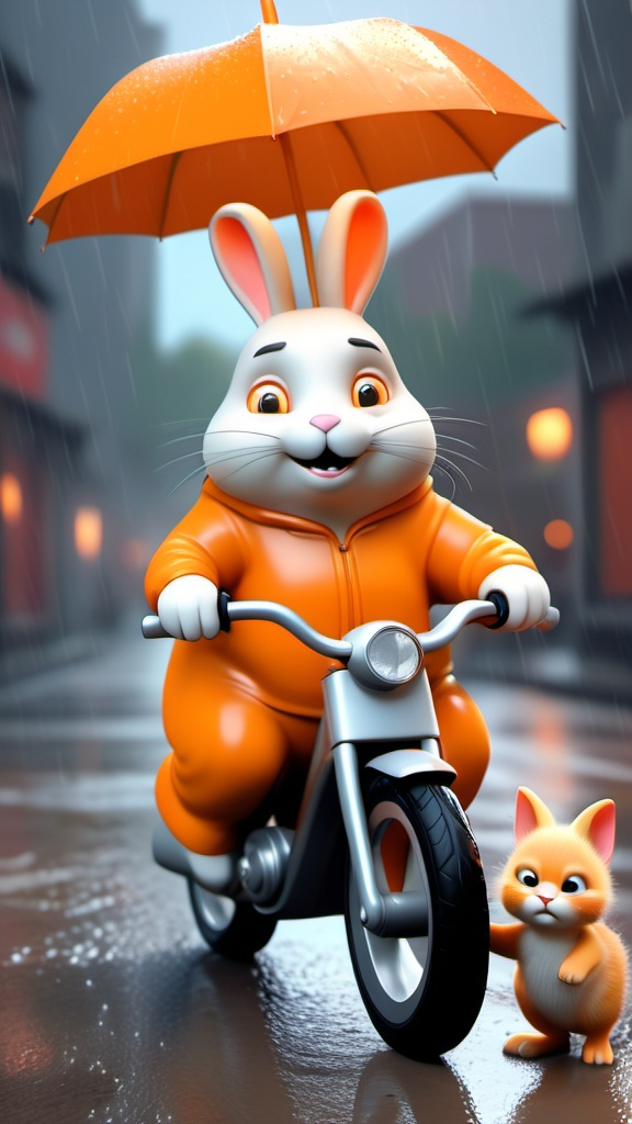 Prompt: Orange chubby rabbit saving his kitten from streetdogs in bad weather, 3d render" An orange chubby rabbit is driving a bike with his kitten and streetdogs following him in bad weather 8k, 3d render" Orange chubby rabbit fighting streetdogs in bad weather, 3d render