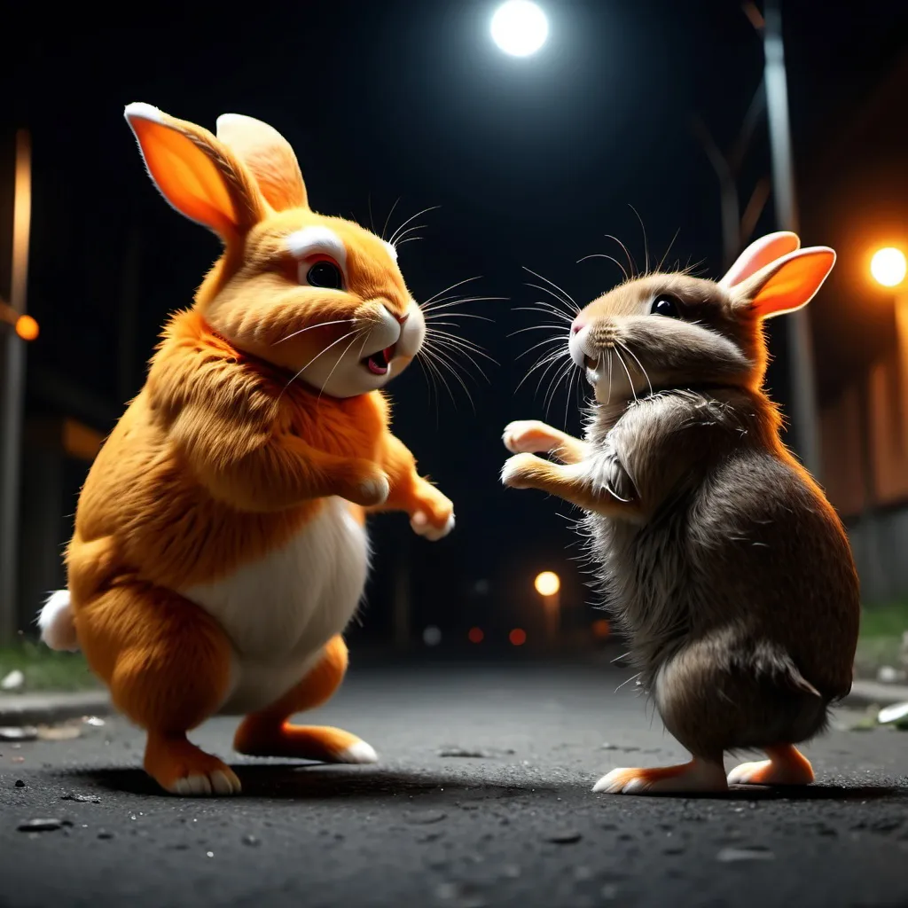 Prompt: Orange chubby rabbit fighting with street rat in dark night 4k 