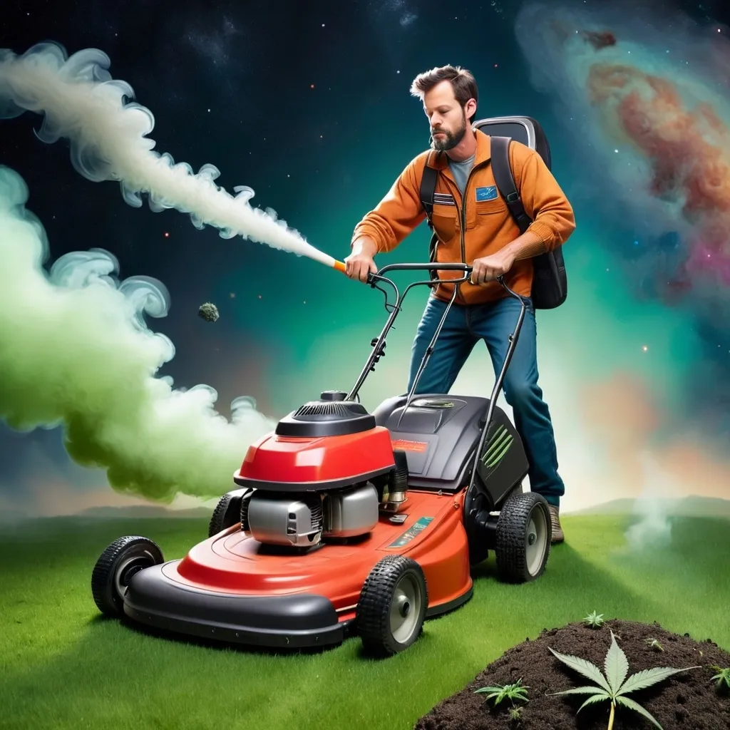 Prompt: A man using a push lawn mower in outer space while smoking marijuana